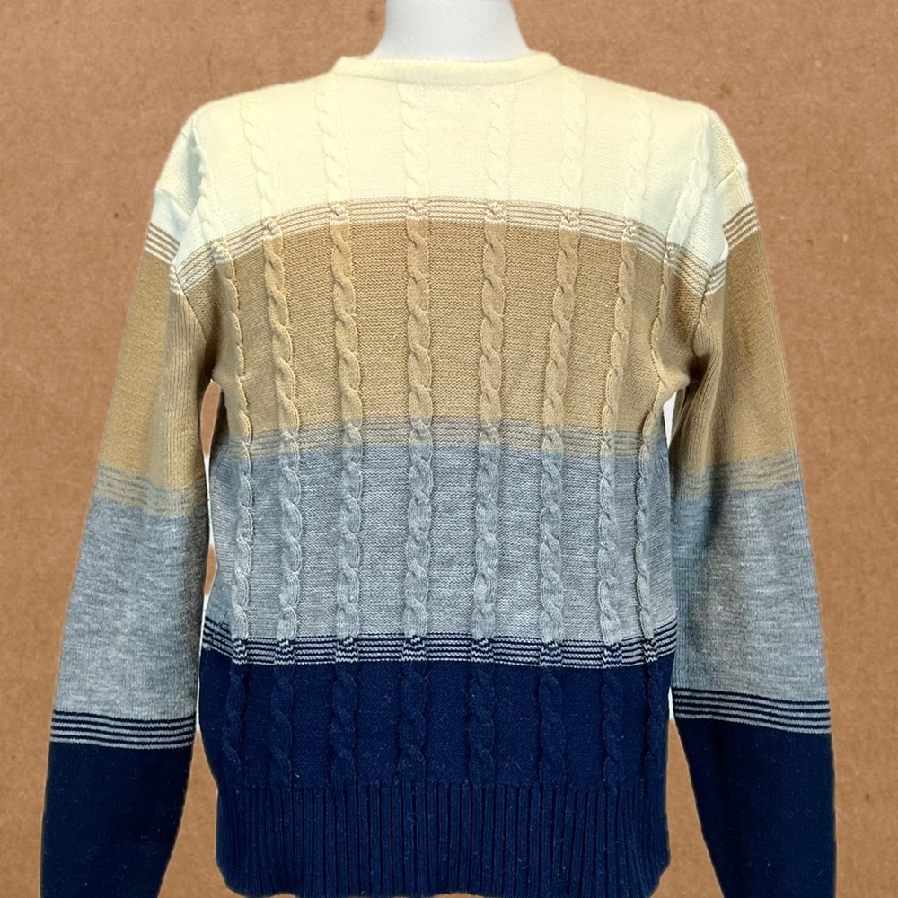 VINTAGE 70s cable knit sweater Kennington crewneck wide stripe neutral mens